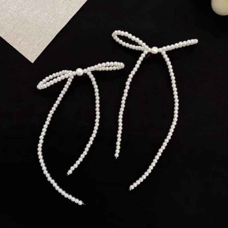 Elegant Bow Pearl Earrings with Tassel - Crystalory