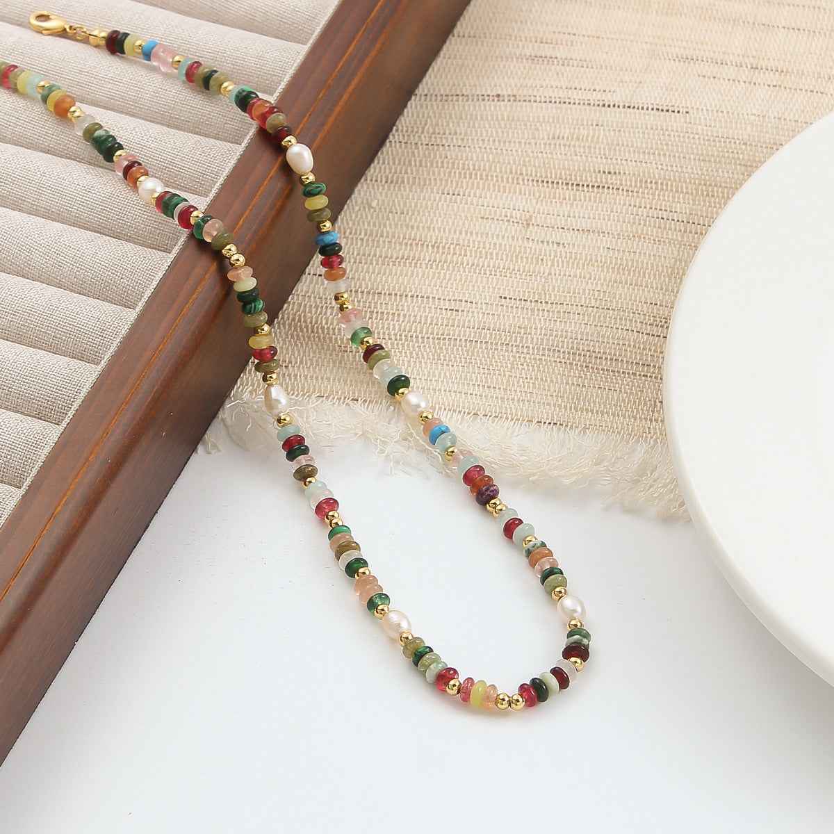 Boho Color Stone & Pearl Beaded Necklace - Crystalory