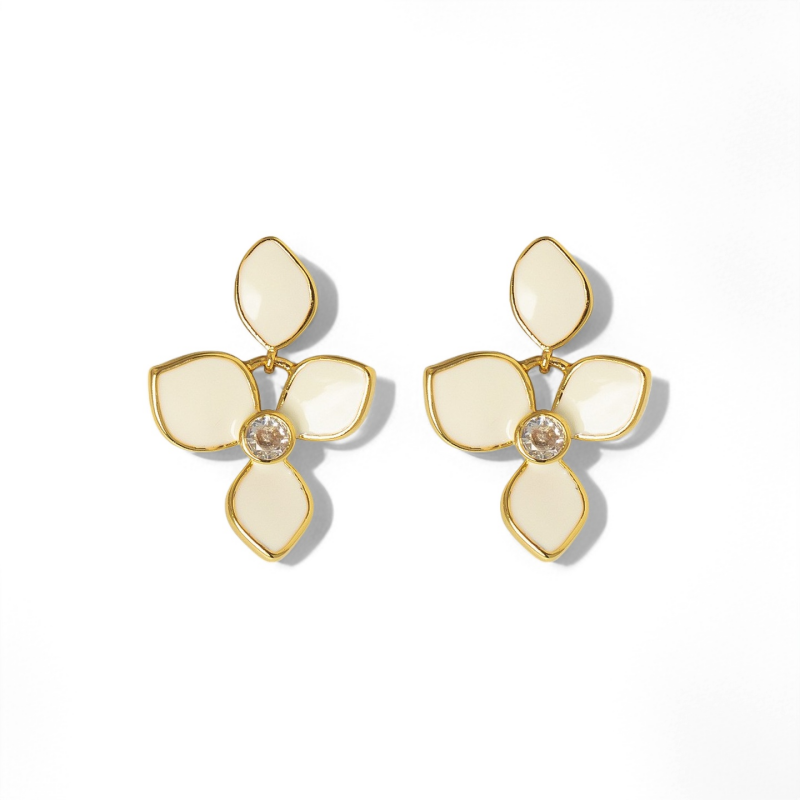 White Enamel Flower Earrings - Crystalory
