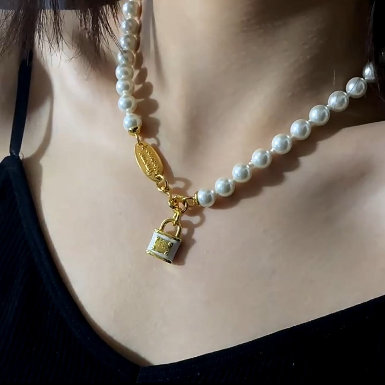 Punk Pearl Necklace with Enamel Lock Pendant - Crystalory