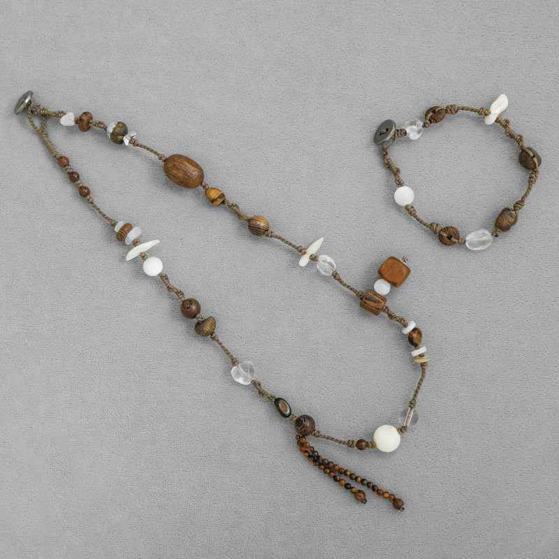 Handmade Wooden Bead Necklace & Bracelet Set - Crystalory