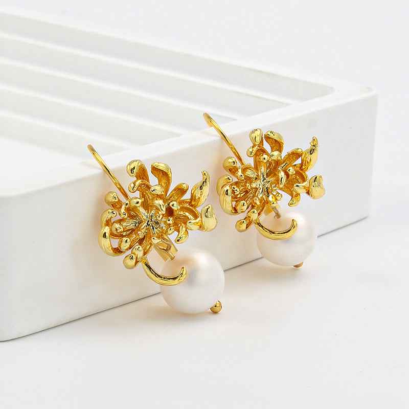 Gold Chrysanthemum Pearl Earrings - Crystalory