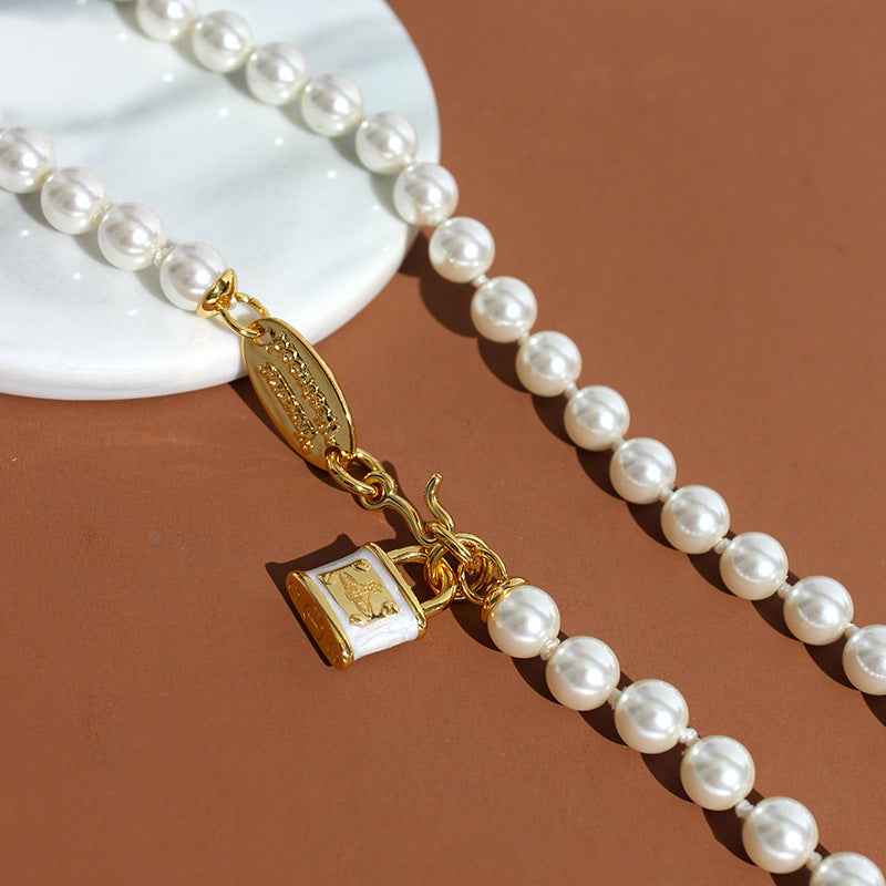 Punk Pearl Necklace with Enamel Lock Pendant - Crystalory