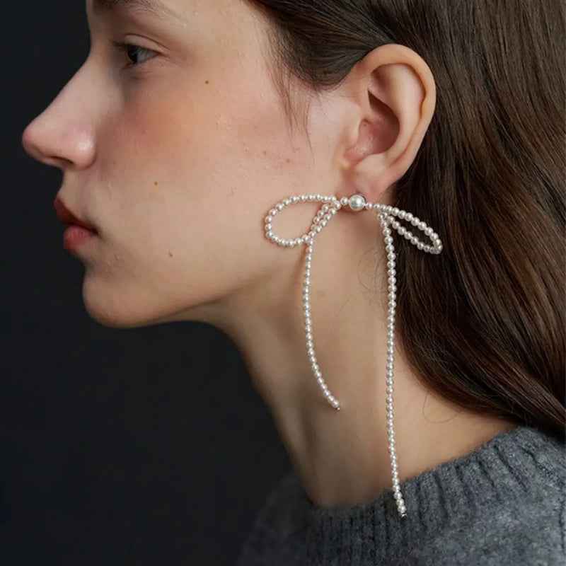 Elegant Bow Pearl Earrings with Tassel - Crystalory