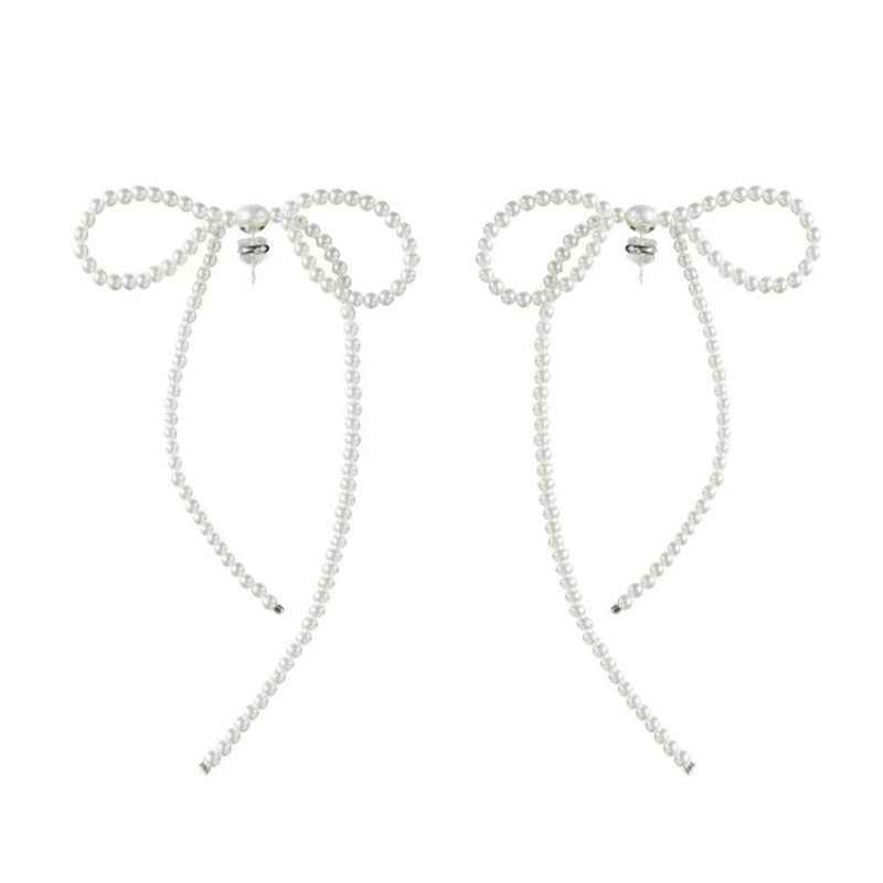 Elegant Bow Pearl Earrings with Tassel - Crystalory