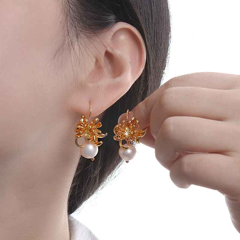 Gold Chrysanthemum Pearl Earrings - Crystalory