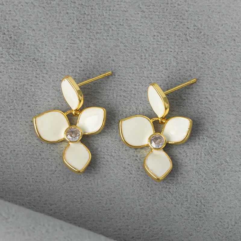 White Enamel Flower Earrings - Crystalory