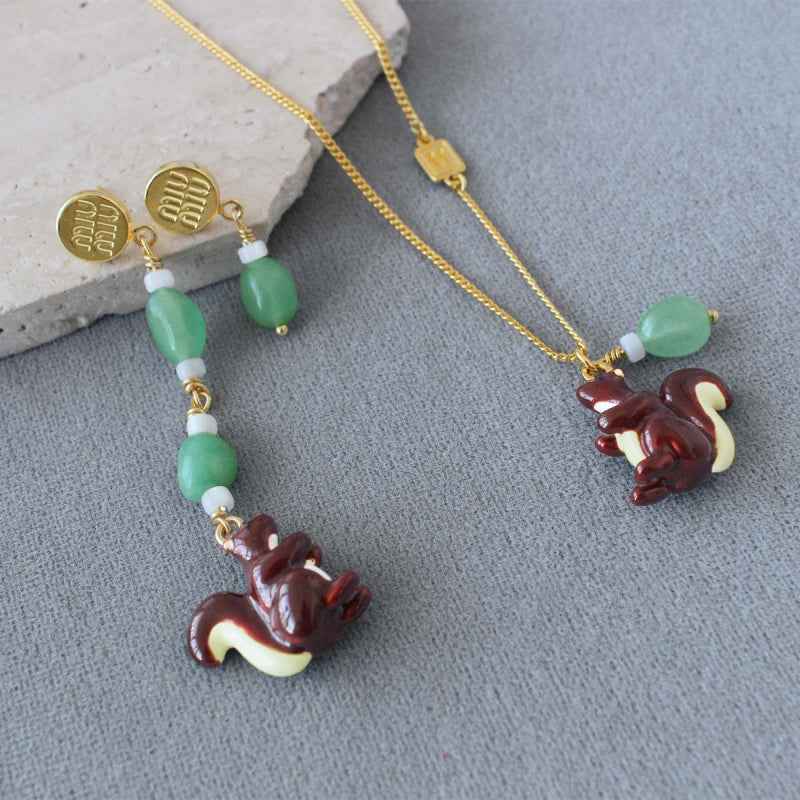 Squirrel & Mushroom Necklace Earrings Set - Crystalory