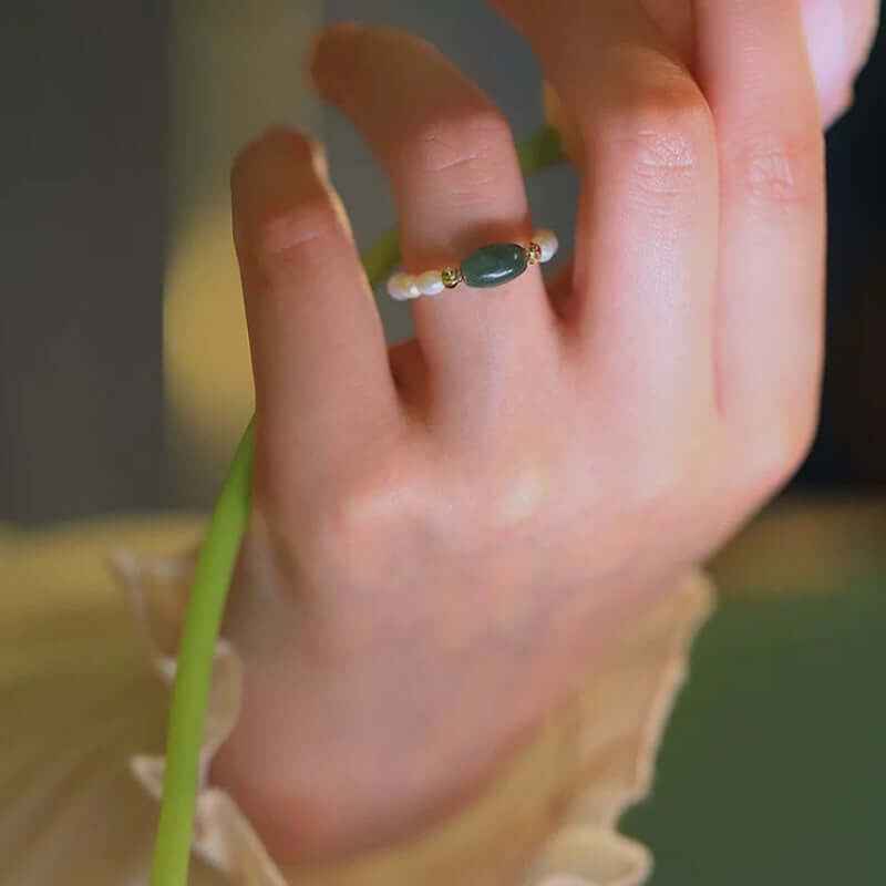 Elegant Jade & Freshwater Pearl Ring - Crystalory