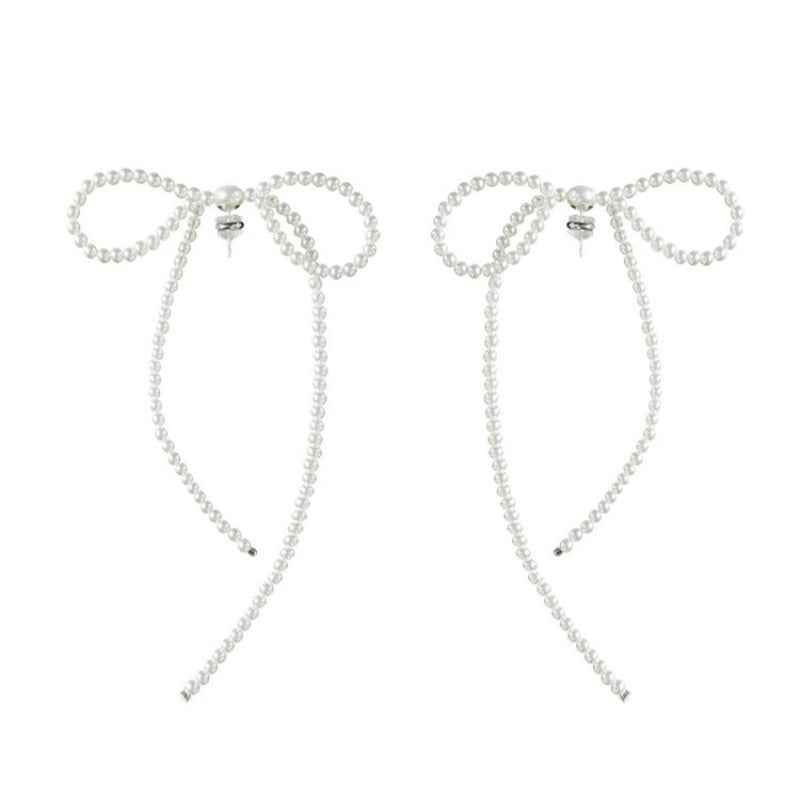 Elegant Bow Pearl Earrings with Tassel - Crystalory