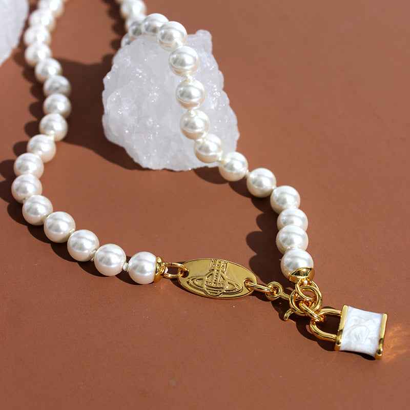 Punk Pearl Necklace with Enamel Lock Pendant - Crystalory