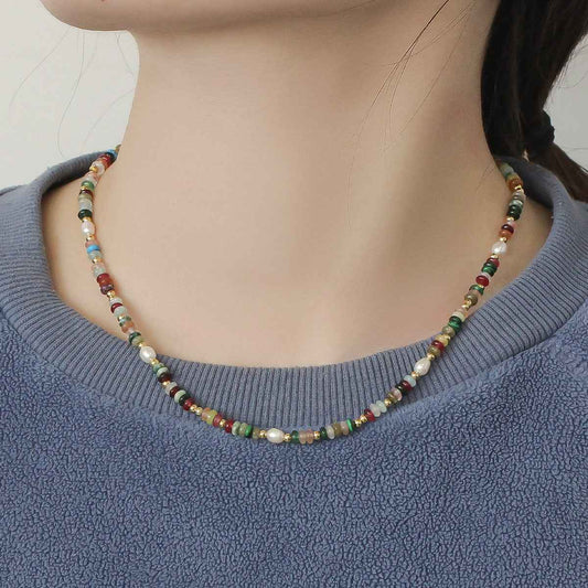 Boho Color Stone & Pearl Beaded Necklace - Crystalory