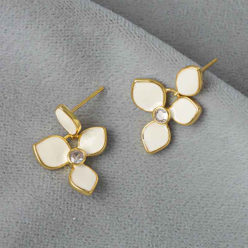 White Enamel Flower Earrings - Crystalory