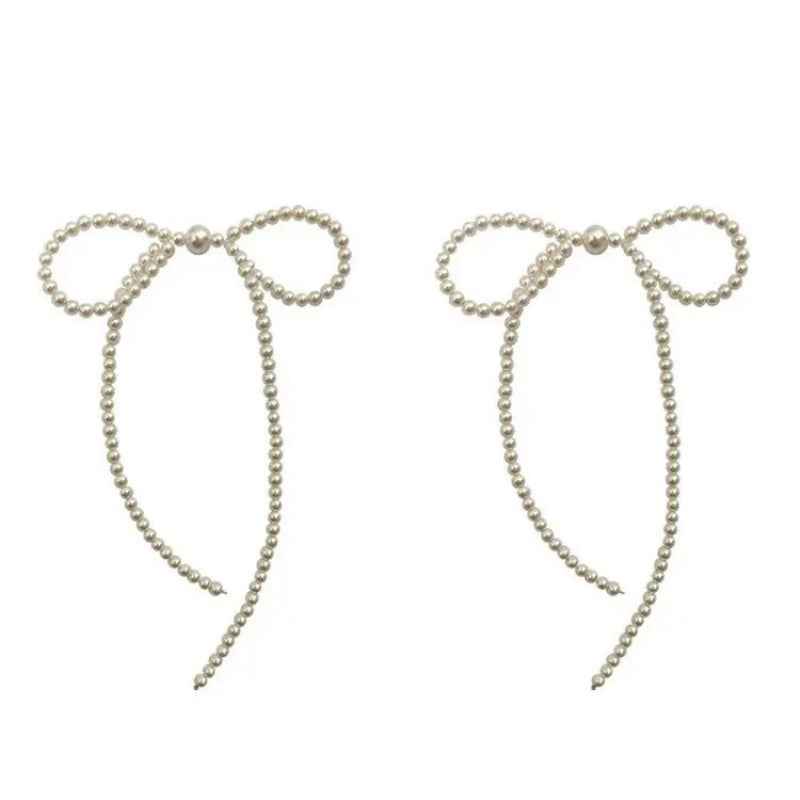 Elegant Bow Pearl Earrings with Tassel - Crystalory