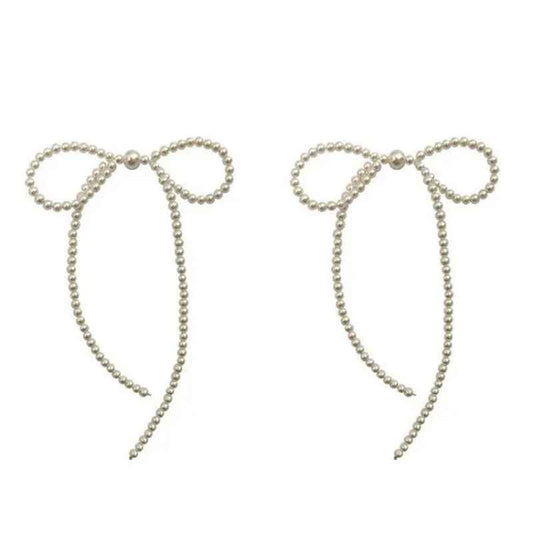 Elegant Bow Pearl Earrings with Tassel - Crystalory