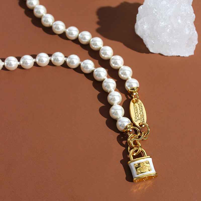Punk Pearl Necklace with Enamel Lock Pendant - Crystalory