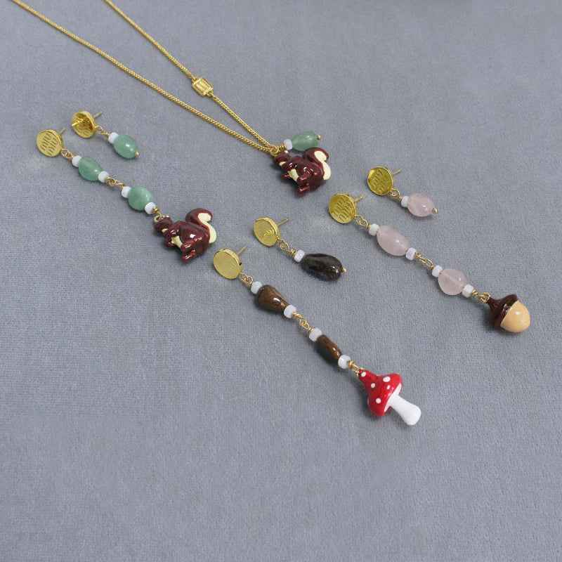 Squirrel & Mushroom Necklace Earrings Set - Crystalory