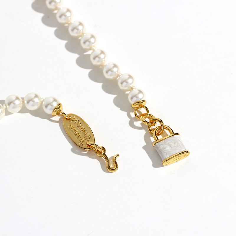 Punk Pearl Necklace with Enamel Lock Pendant - Crystalory