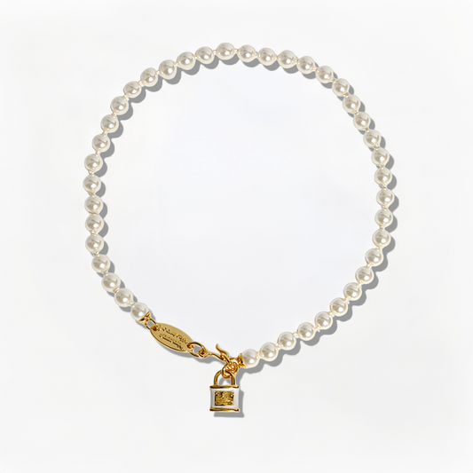 Punk Pearl Necklace with Enamel Lock Pendant - Crystalory