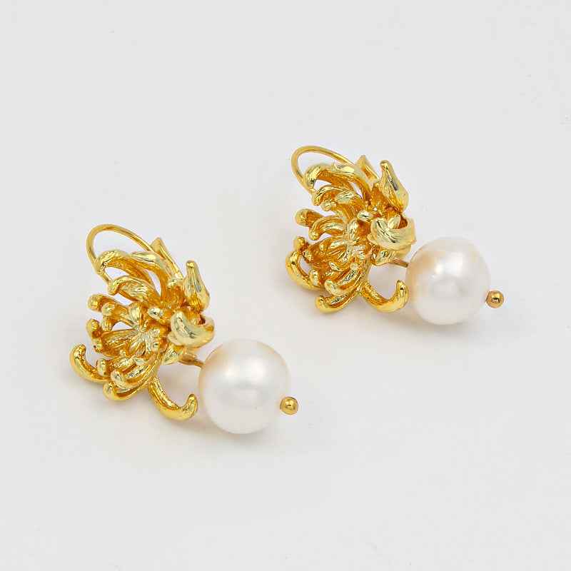Gold Chrysanthemum Pearl Earrings - Crystalory
