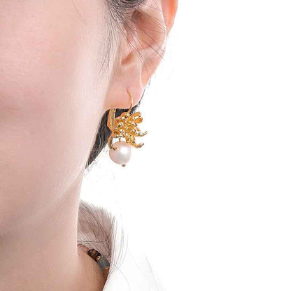 Gold Chrysanthemum Pearl Earrings - Crystalory