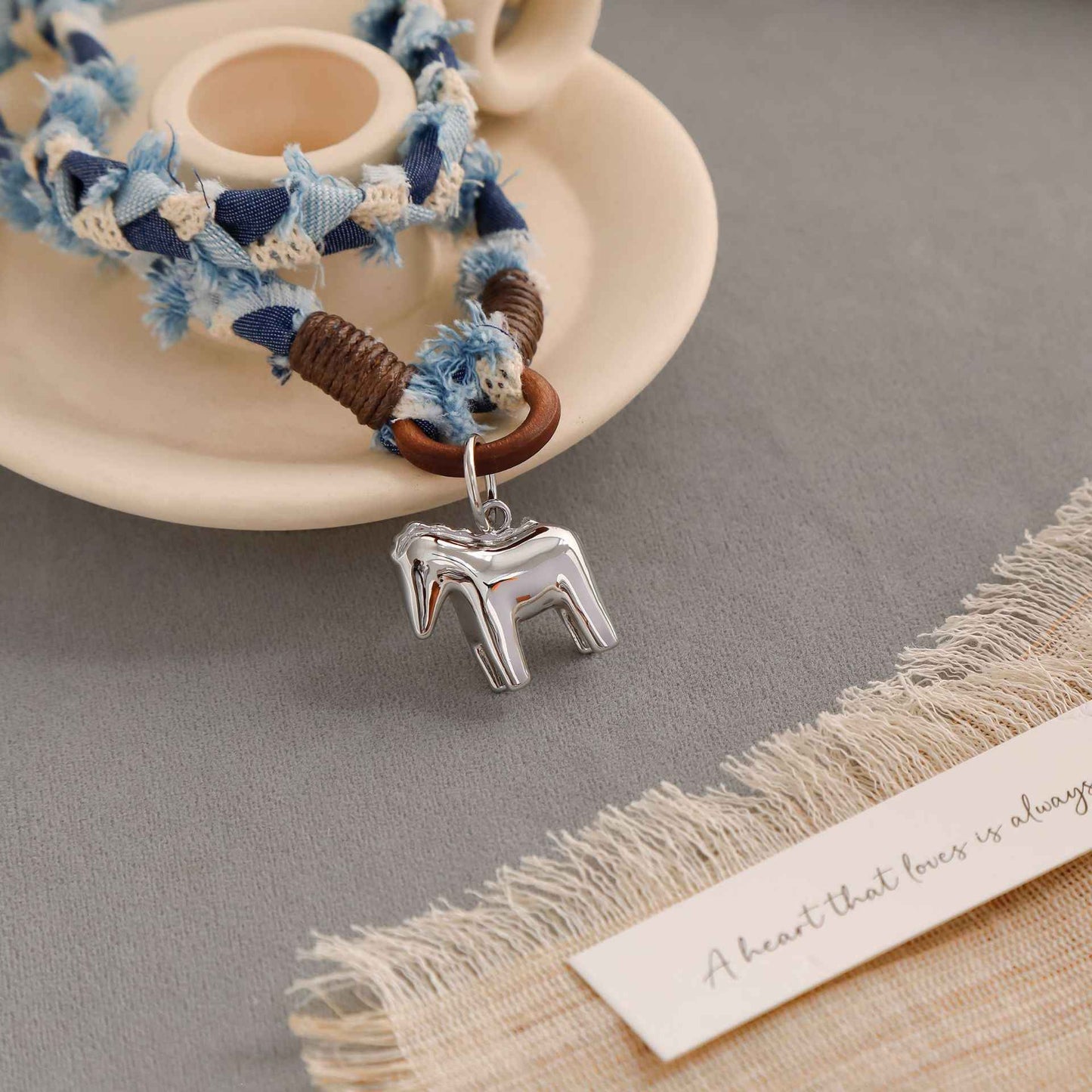 Handwoven Denim Horse Pendant Necklace - Crystalory
