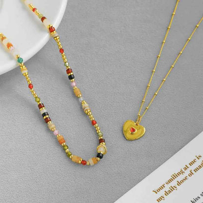 Heart Pendant Natural Stone Necklace Set - Crystalory