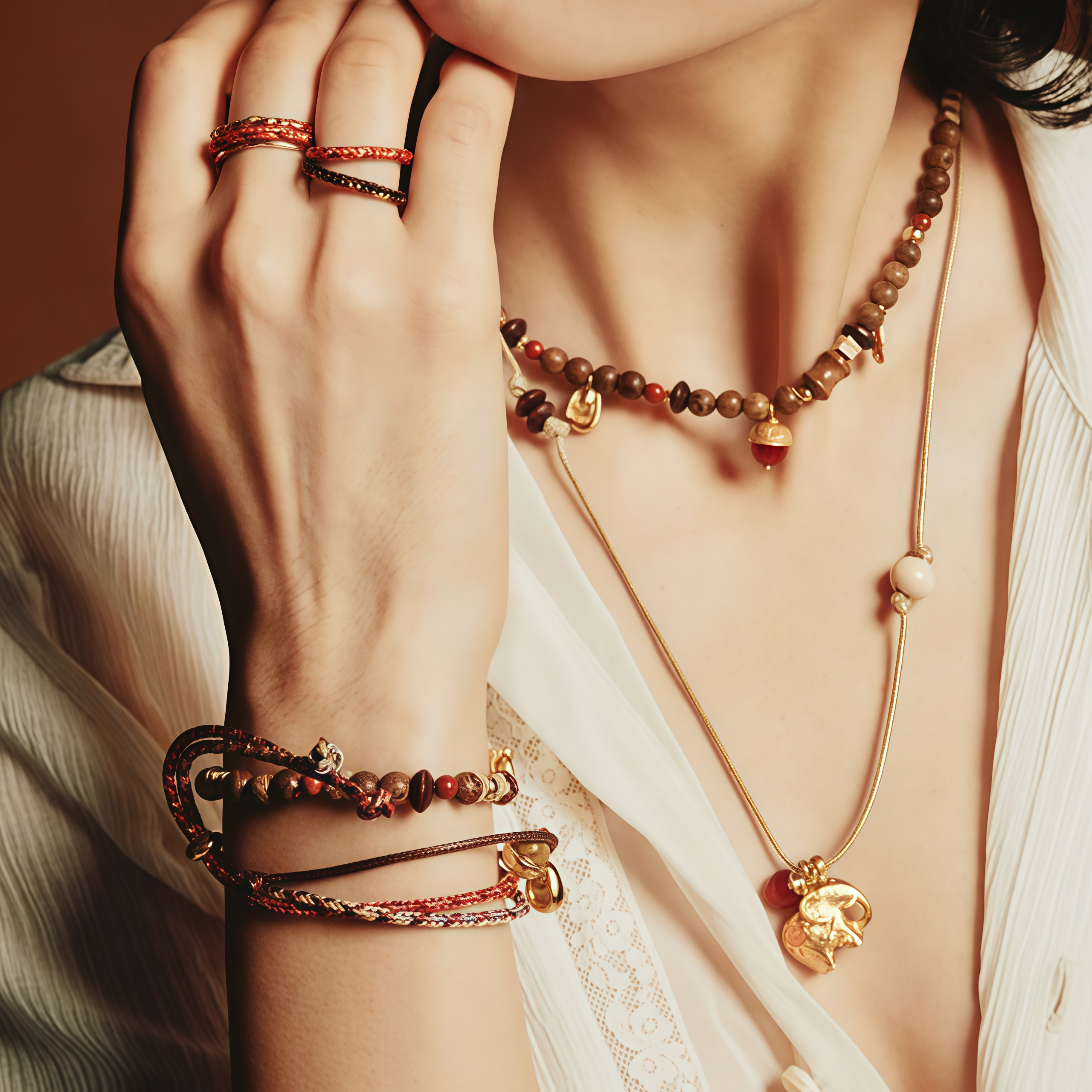Close-up of layered bracelets, rings, and natural stone necklace in boho jewelry style