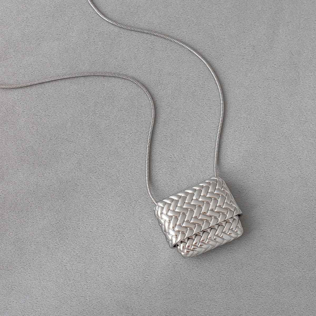 Silver Woven Bag Pendant Necklace - Crystalory