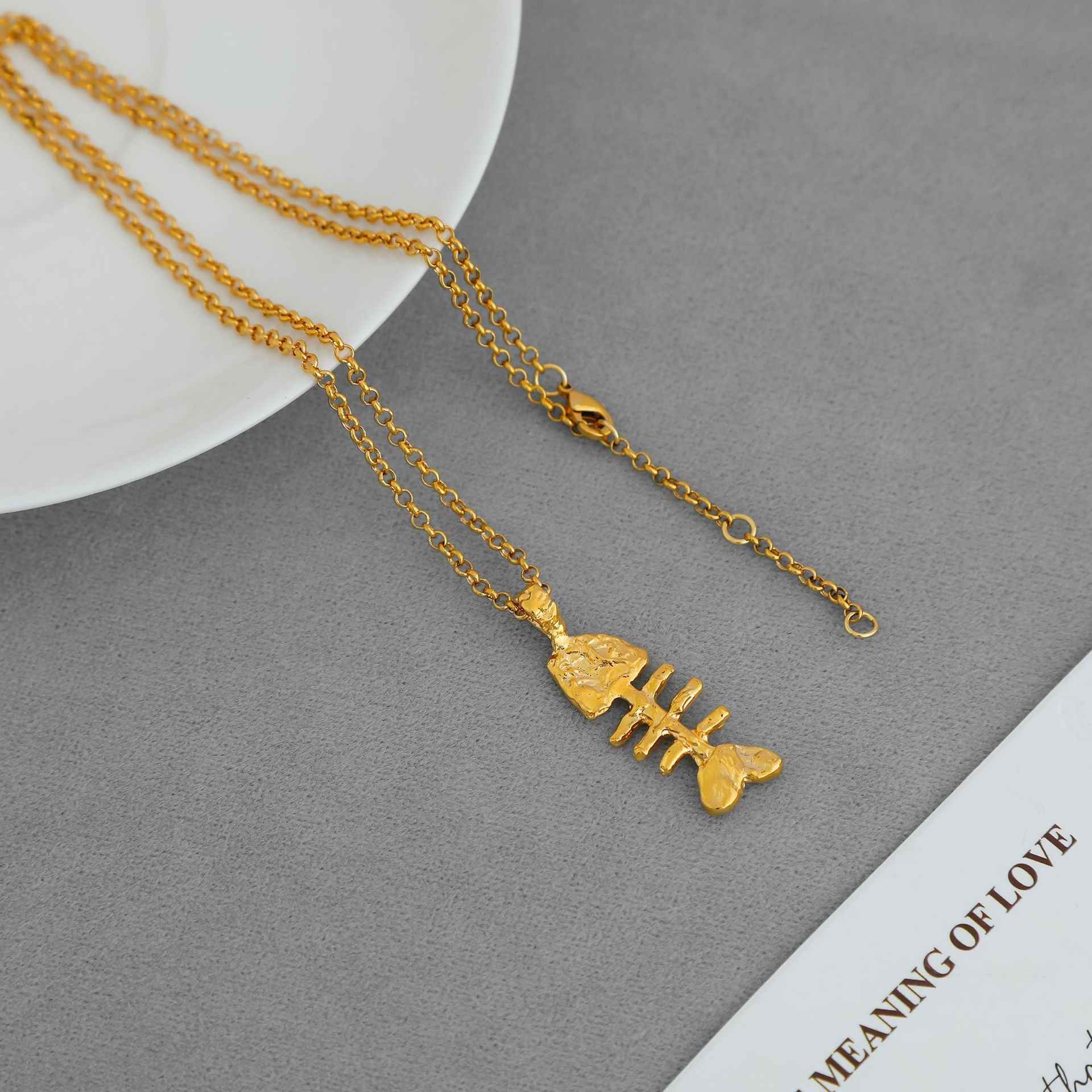 Gold Fishbone Pendant Necklace - Crystalory