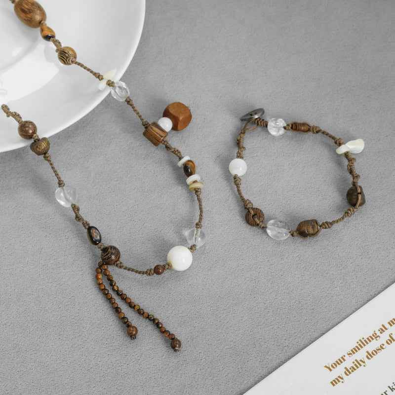 Handmade Wooden Bead Necklace & Bracelet Set - Crystalory