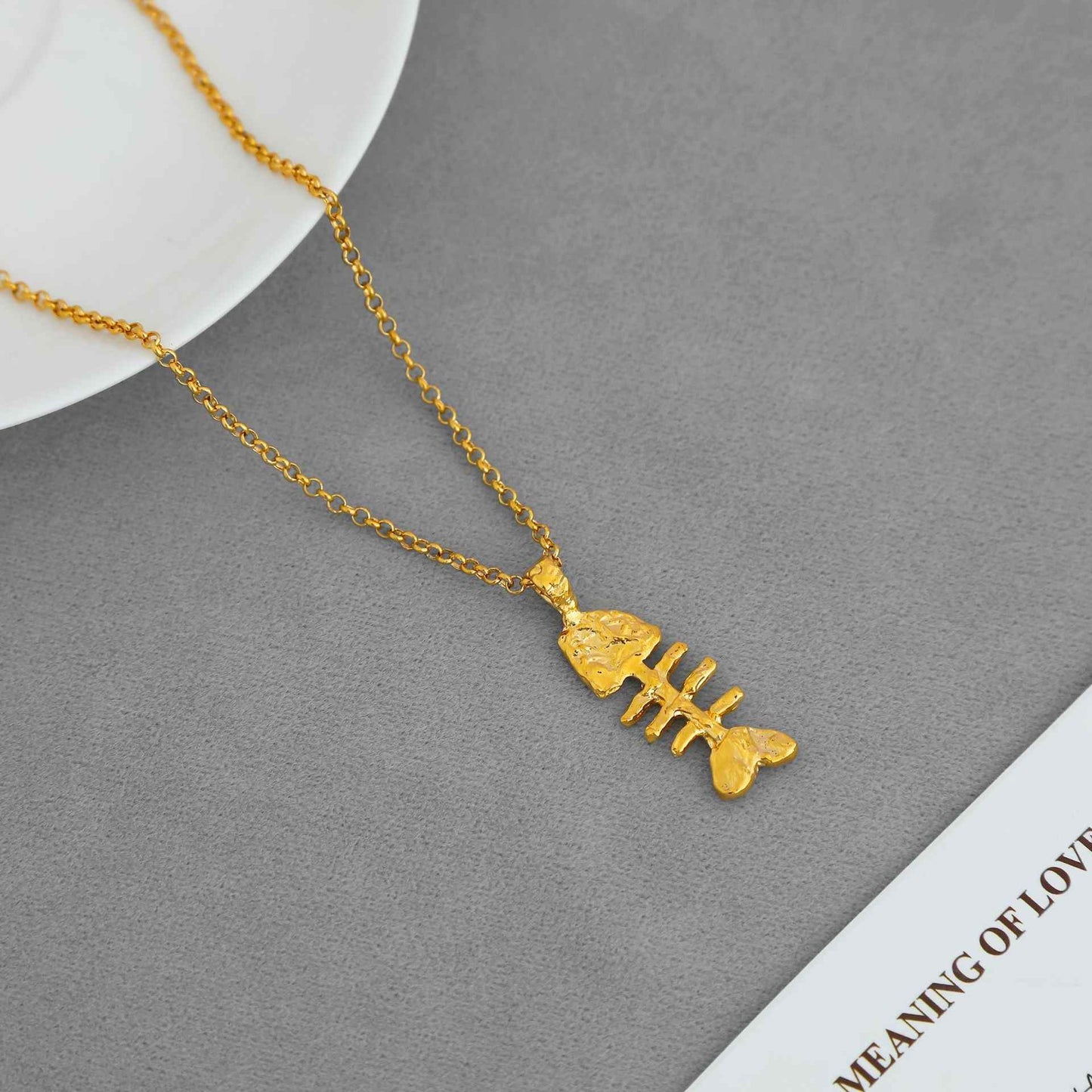 Gold Fishbone Pendant Necklace - Crystalory