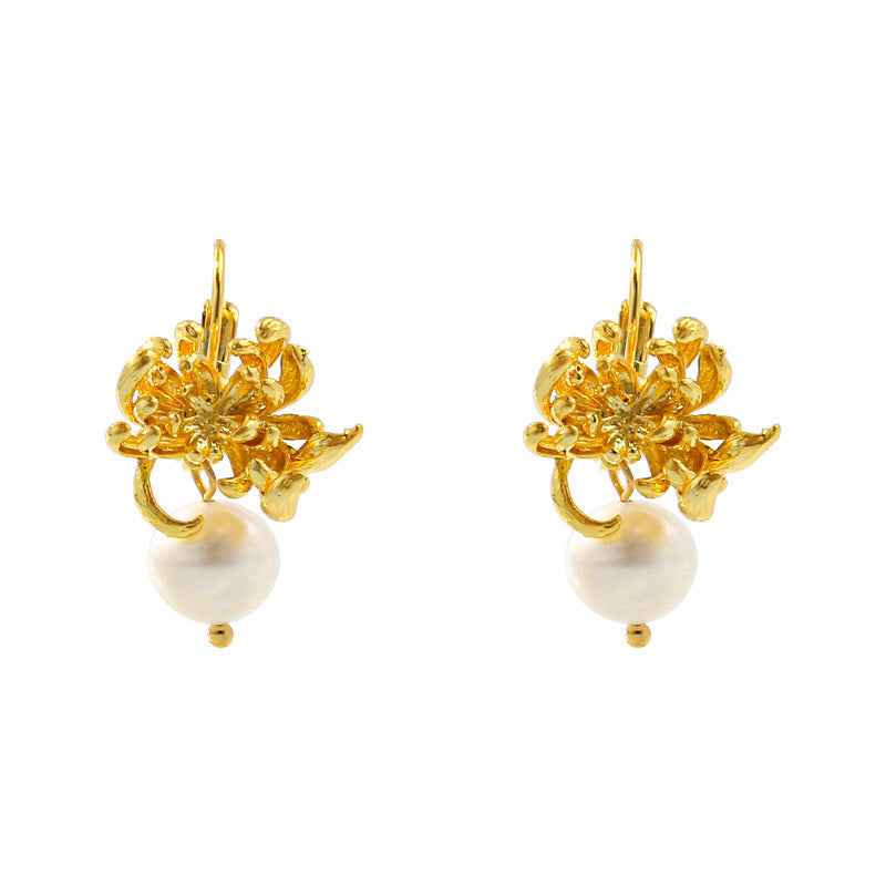 Gold Chrysanthemum Pearl Earrings - Crystalory