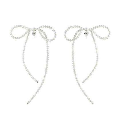 Elegant Bow Pearl Earrings with Tassel - Crystalory