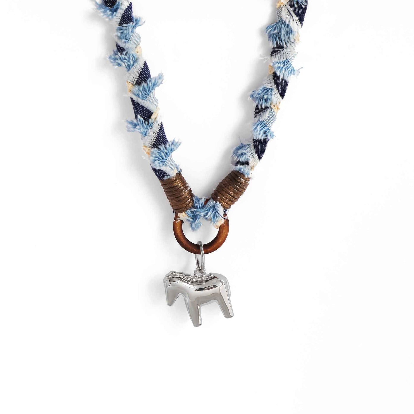 Handwoven Denim Horse Pendant Necklace - Crystalory