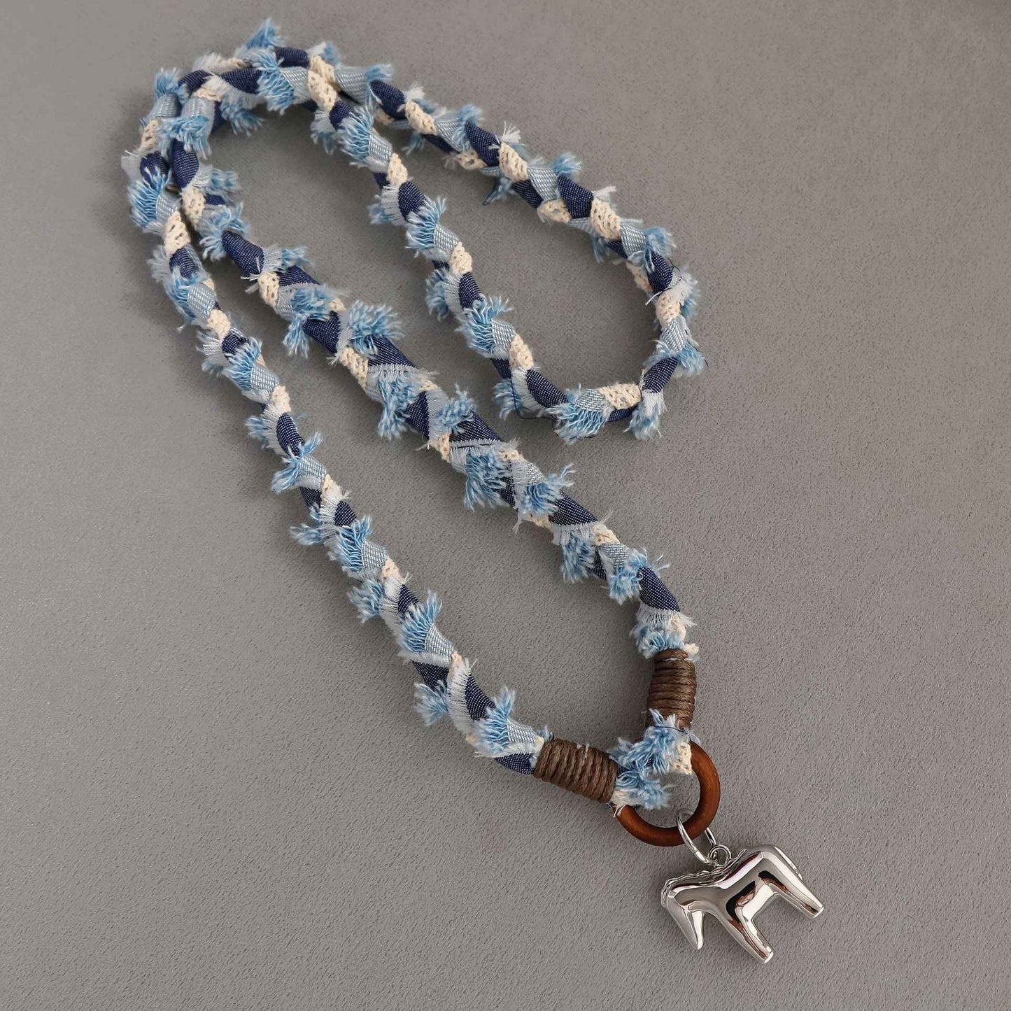 Handwoven Denim Horse Pendant Necklace - Crystalory