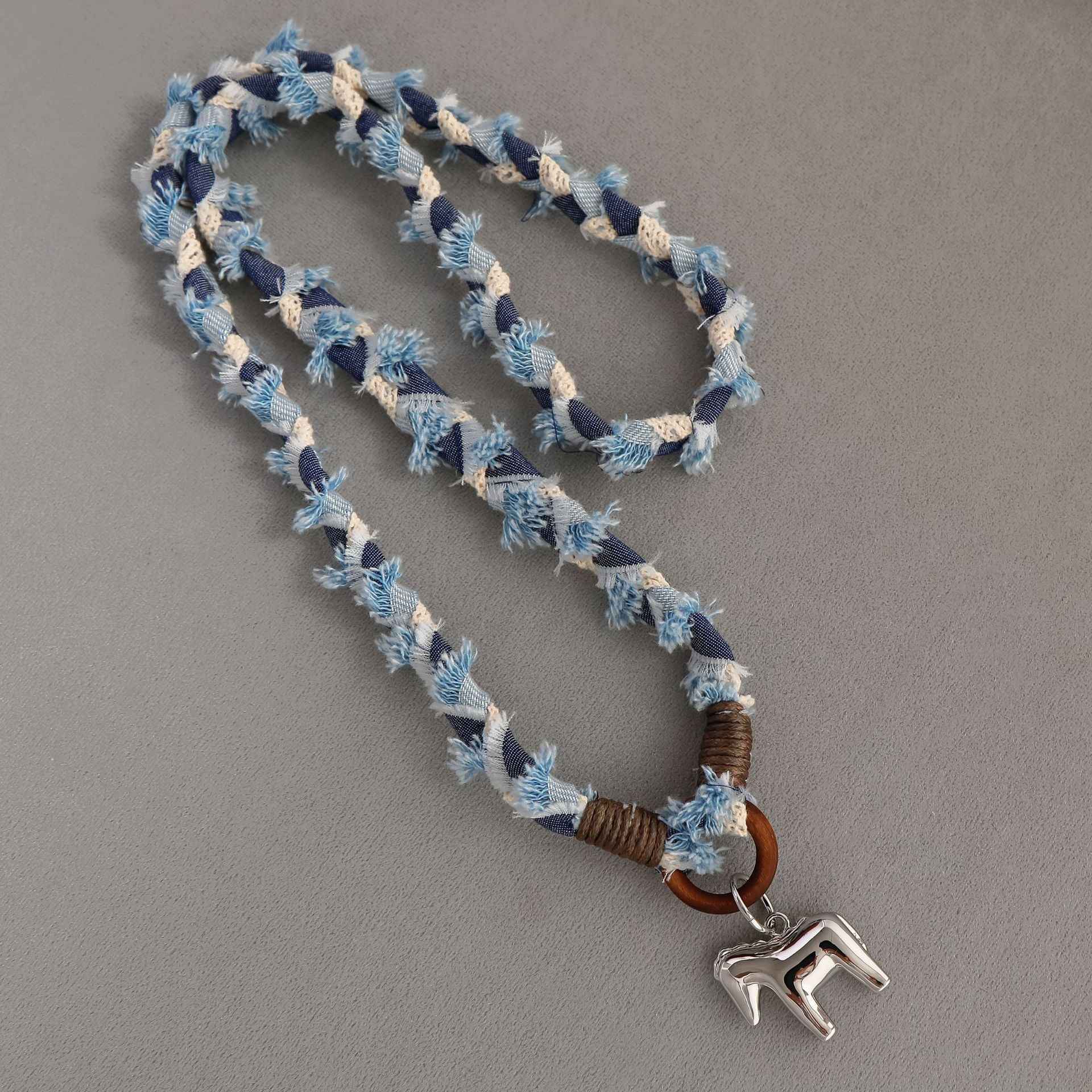Handwoven Denim Horse Pendant Necklace - Crystalory