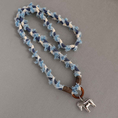 Handwoven Denim Horse Pendant Necklace - Crystalory