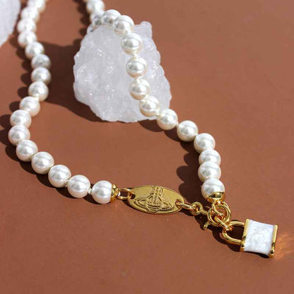 Punk Pearl Necklace with Enamel Lock Pendant - Crystalory