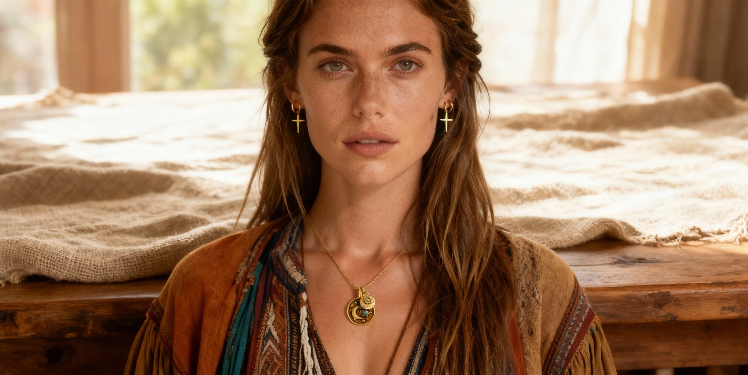 Boho vintage jewelry model in warm natural light wearing layered necklaces – Crystalory