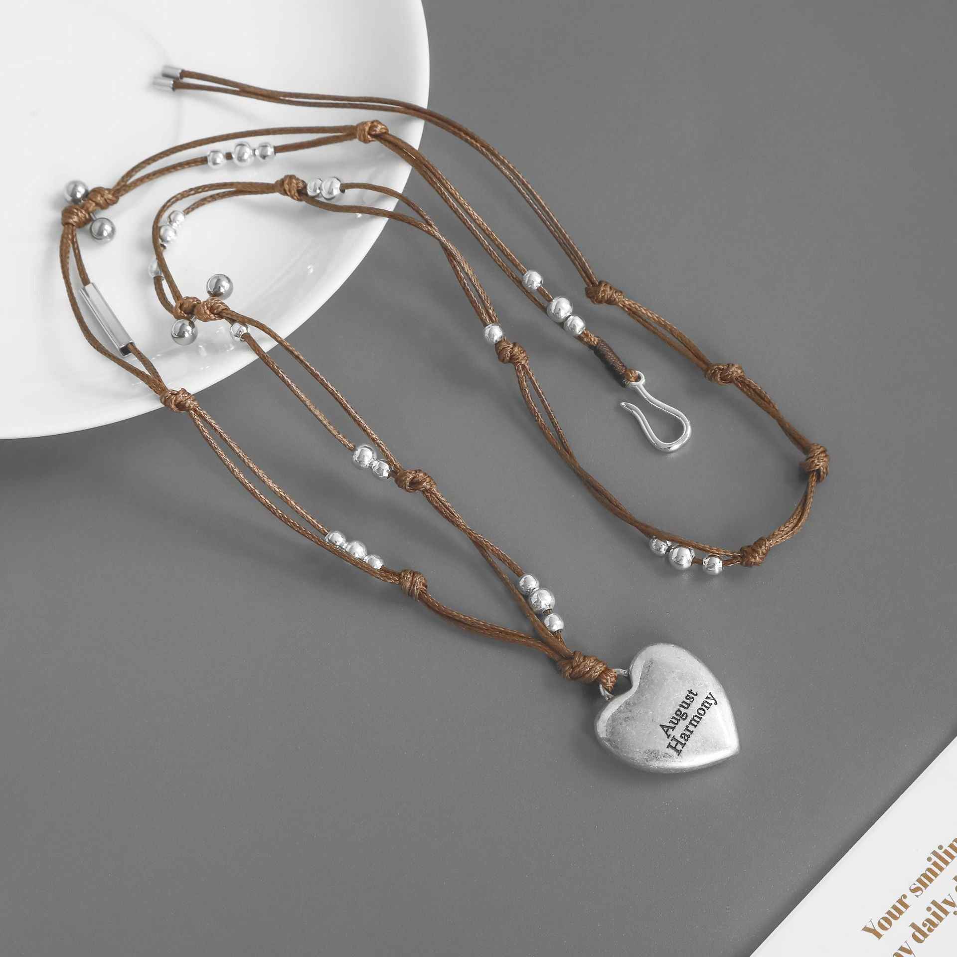 Boho Heart Pendant Knotted Bead Necklace - Crystalory