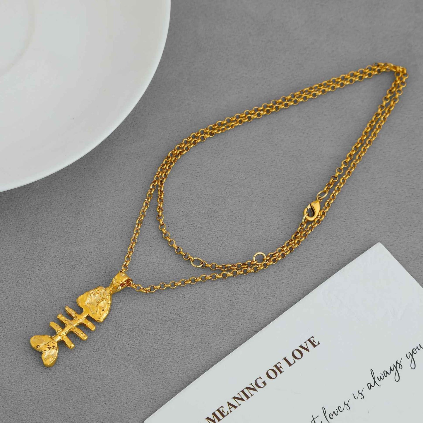 Gold Fishbone Pendant Necklace - Crystalory