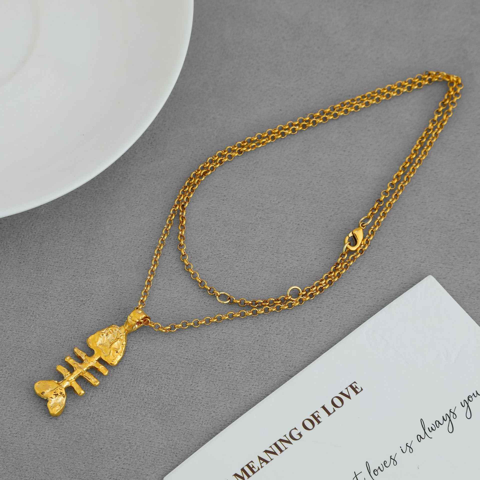 Gold Fishbone Pendant Necklace - Crystalory