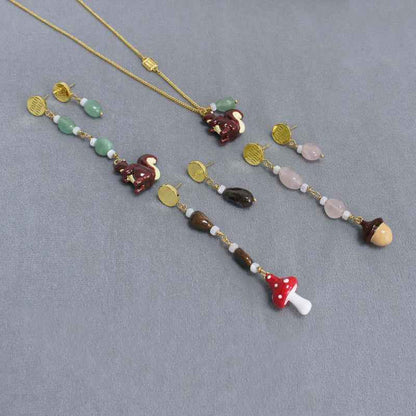 Squirrel & Mushroom Necklace Earrings Set - Crystalory
