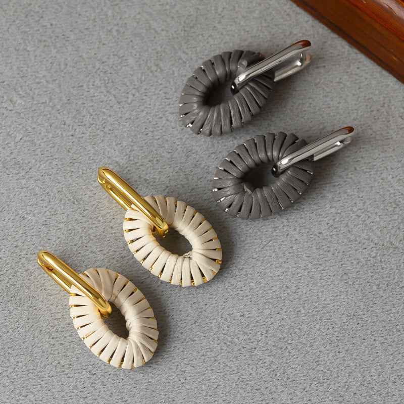 Leather Oval Drop Earrings - Crystalory