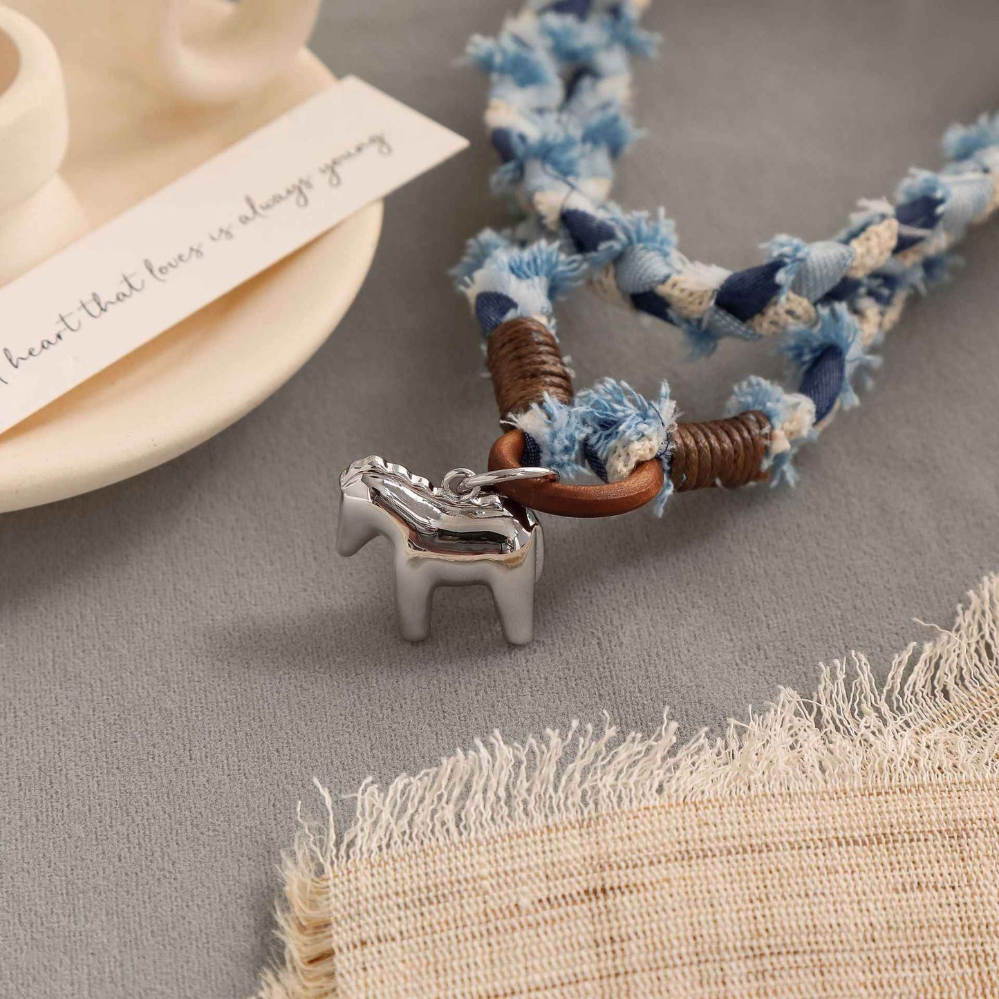 Handwoven Denim Horse Pendant Necklace - Crystalory