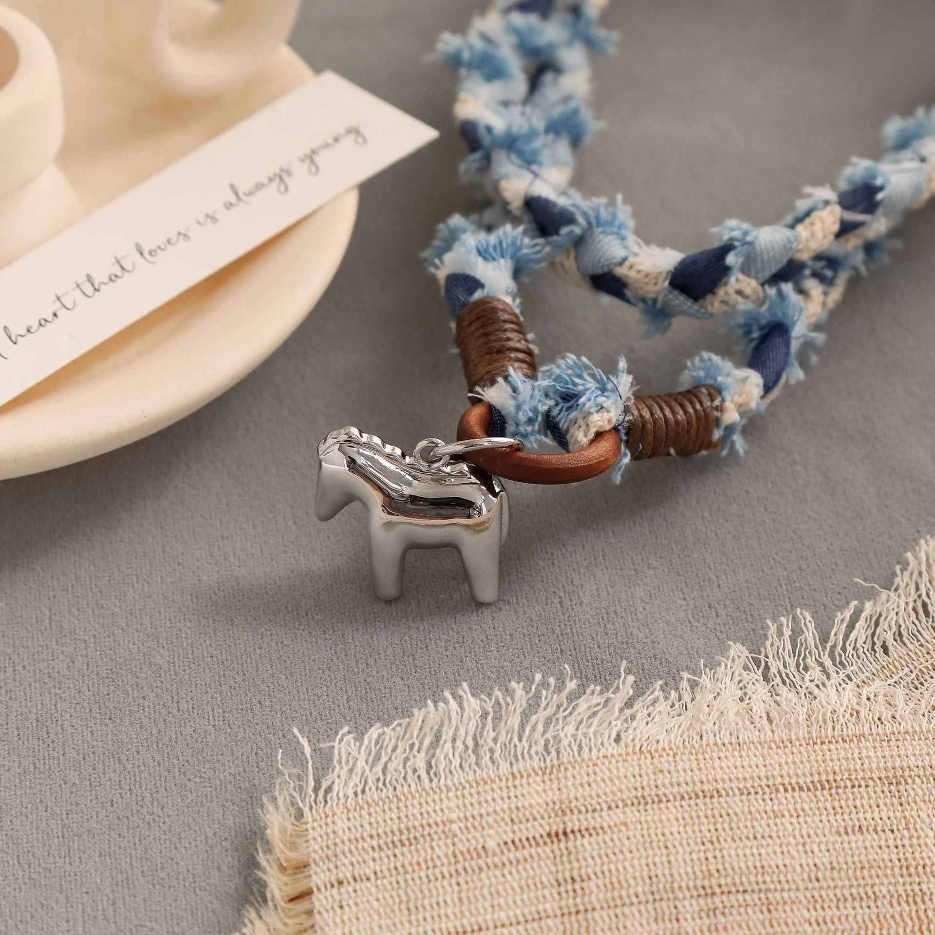 Handwoven Denim Horse Pendant Necklace - Crystalory